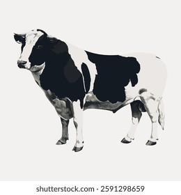 Illustration of a black and white cow. The cow stands on a plain background. The cow's distinctive black and white pattern is clearly visible. Vintage farm animal illustration isolated vector.