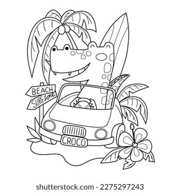 Illustration in black and white of a crocodile driving a convertible car heading to the beach with his surfboard in the trunk. Coloring page