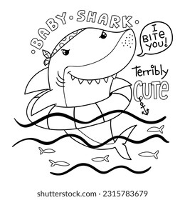 Illustration in black and white of a cute baby shark swimming with a float, handmade text, coloring page