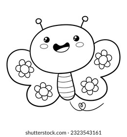  Illustration in black and white of a cute butterfly with flowers on its wings, coloring page