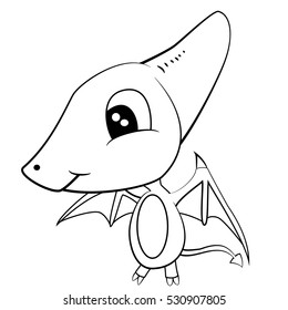 Illustration of Black and White Cute Cartoon Baby Pterodactyl Dinosaur. Vector.