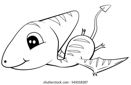 Illustration of Black and White Cute Cartoon Baby Pterodactyl Dinosaur Flying. Vector EPS 8