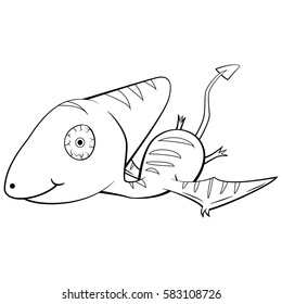 Illustration of Black and White Cute Cartoon Crazy Baby Pterodactyl Dinosaur Flying.Vector EPS 8.
