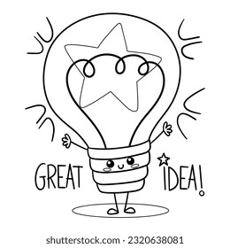Illustration in black and white of a cute light bulb with the text great idea, design for t-shirt

