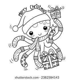 Illustration in black and white of a cute octopus wearing santa Claus hat, christmas socks in his paws and holding a star and two gifts, coloring page