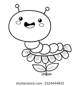 Illustration in black and white of a cute worm in a flower, , coloring page