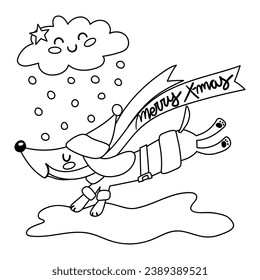 Illustration in black and white of a dachshund dressed as Santa Claus running on the snow and under a cloud, wearing a bow with the words merry xmas in his mouth, coloring page