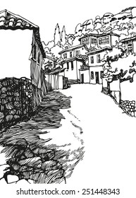 Illustration of the black and white design of the old city. Sketch, hand drawn with ink.landscape with mountains and a narrow street