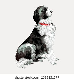 Illustration of a black and white dog with a red collar, sitting and looking upward. The dog has a fluffy tail and a thick, wavy coat. Vintage dog illustration isolated on white, vector.