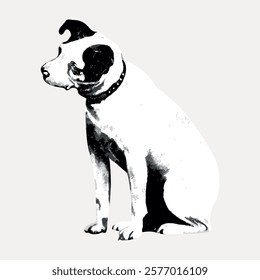 Illustration of a black and white dog sitting. The dog has a black collar. The dog is facing left. The dog has a calm expression.