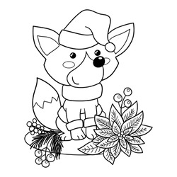 Illustration In Black And White Of A Fox Dressed As Santa Claus And Surrounded By Christmas Plants, Coloring Page
