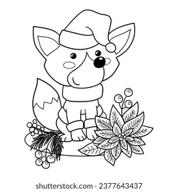 Illustration in black and white of a fox dressed as Santa Claus and surrounded by Christmas plants, coloring page
