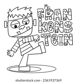 Illustration in black and white of Frankenstein's monster walking and some monstrous letters with his name, Halloween drawing, coloring page
