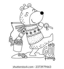 Illustration in black and white of a friendly polar bear in a sweater and a woolen hat coming from fishing with his fishing rod, coloring page