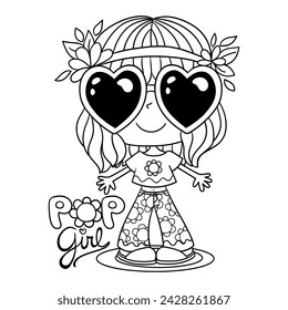 Ilustración en blanco y negro de una divertida chica hippie pop con gafas en forma de corazón, con la letra chica pop. Dibujo para colorear