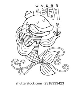 Illustration in black and white of a funny fish, with a tattoo on its fin and holding an anchor in the other, coloring page