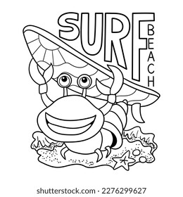 Illustration in black and white of a funny red crab carrying a surfboard ready to surf, coloring page