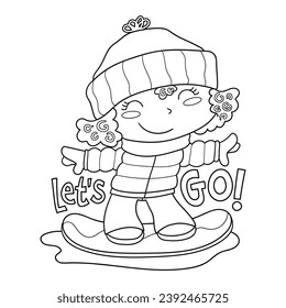 Illustration in black and white of a girl learning to snowboard, print design