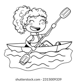 Illustration in black and white of a girl paddling her kayak, t-shirt design