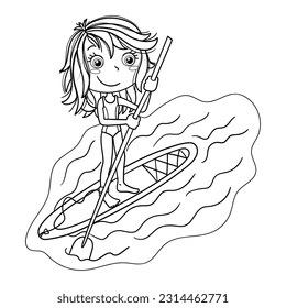 Illustration in black and white of a girl practicing paddle surfing, coloring page