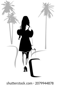 illustration with black and white image of a girl with a luggage bag for decoration of banners, postcards, posters for advertising travel and leisure