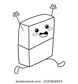 Illustration in black and white of a Kawaii style eraser, running with arms raised, coloring page, clipart