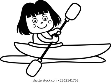illustration black and white kid girl riding in a canoe