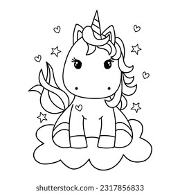 Illustration in black and white of a little pink unicorn sitting on a cloud and surrounded by stars and hearts, coloring page