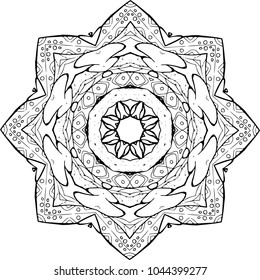An illustration of a black and white mandala. Cosmic flower of life. The idea for a tattoo.