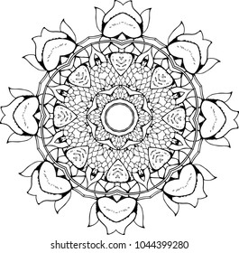An illustration of a black and white mandala. Cosmic flower of life. The idea for a tattoo