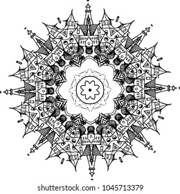 An illustration of a black and white mandala. Cosmic flower of life. The idea for a tattoo