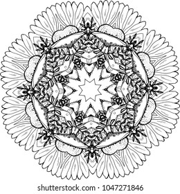 An illustration of a black and white mandala. Cosmic flower of life. The idea for a tattoo