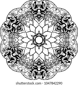 An illustration of a black and white mandala. Cosmic flower of life. The idea for a tattoo