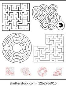 Illustration of Black and White Mazes or Labyrinths Leisure Games Set with Answers