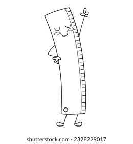  Illustration in black and white of a measuring ruler in Kawaii style, with one arm raised, coloring page, clipart