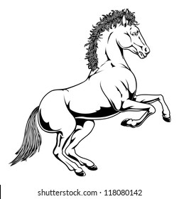 An illustration of a black and white monochrome horse rearing on its hind legs