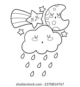 Illustration in black and white of a moon behind a rainy cloud and a rainbow comet, kawaii style, coloring page