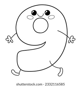 Illustration in black and white of number nine in Kawaii style walking smiling, coloring page, clipart