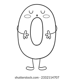 Illustration in black and white of number zero in Kawaii style with closed eyes, coloring page, clipart
