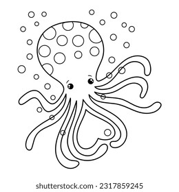  Illustration in black and white of an octopus surrounded by bubbles and holding a heart, coloring page
