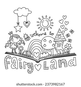 Illustration in black and white of an open book from which a fantasy landscape emerges, with a fairy, a rainbow, a house, butterflies, a fairyland in its , coloring page