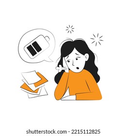 The illustration is black and white with orange color. The girl is exhausted, burned out, tired of work, depressed, the battery is at zero.