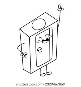 Illustration in black and white of a pencil sharpener in Kawaii style, smiling and with raised arm, coloring page, clipart
