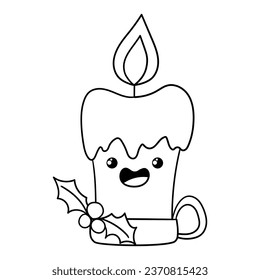 Illustration in black and white of a red Christmas candle with holly, kawaii style, graphic design for t-shirt
