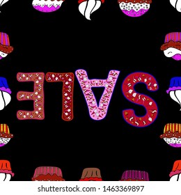 Illustration in black, white and red colors. Hand drawn promotional design for banner. Vector. Art illustration of logotype for sale, give away, closeout, fashion, souvenir, shop. Seamless pattern.