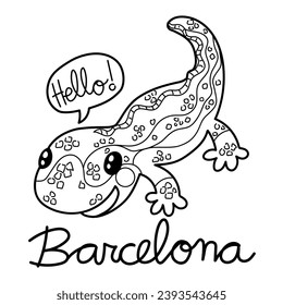 Illustration in black and white of a salamander made of modernist mosaic, souvenir from Barcelona. Coloring page