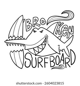 Illustration in black and white of a sawshark breaking a surfboard, coloring page
