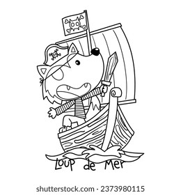 Illustration in black and white of a sea wolf with a wooden sword in his hand on his pirate ship riding the waves, coloring page