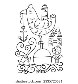  Illustration in black and white of a seagull on a buoy in the sea, with an anchor in its beak, a lighthouse and the word ahoy, coloring page