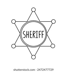 An illustration of a black and white sheriff badge. Coloring page with a western icon. Hexagonal medal.